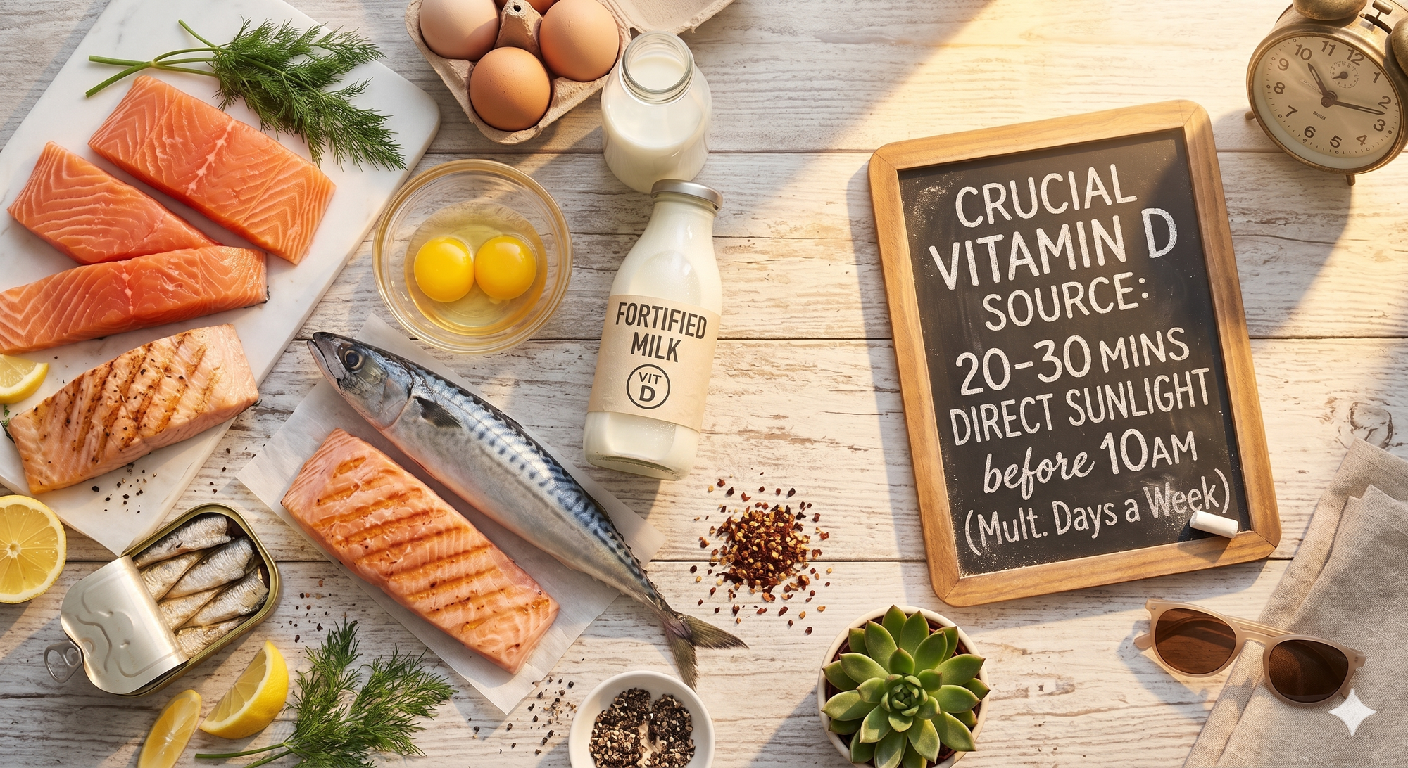 Vitamin D rich foods like Fatty fish like salmon, mackerel, sardines alongwith egg yolks, fortified milk. And 20–30 minutes of direct sunlight