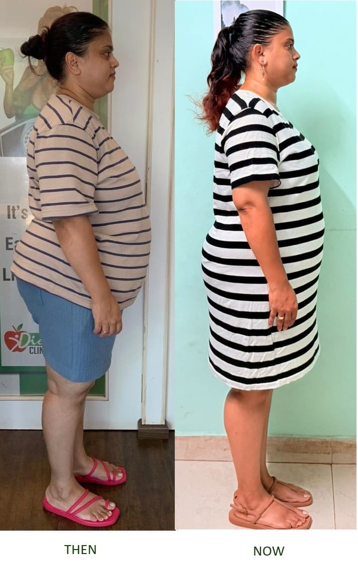 Samantha's side profile before and after - 15.4 kg weight loss and 21 inch loss after 6 months on Fuel It Right gut health nutrition plan