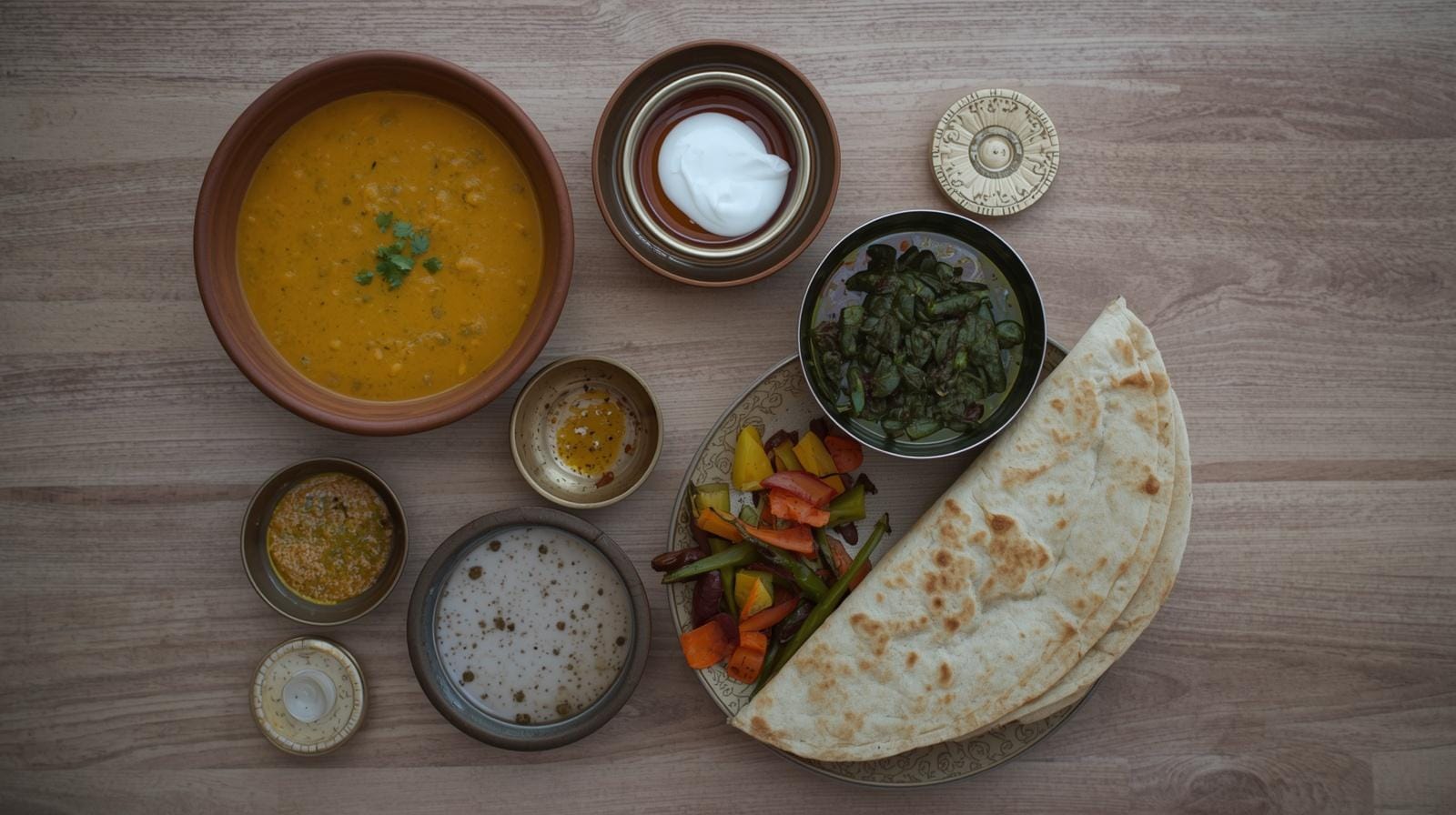 Balanced Indian meal for post-pregnancy nutrition — dal, roti, sabzi, ghee, and curd