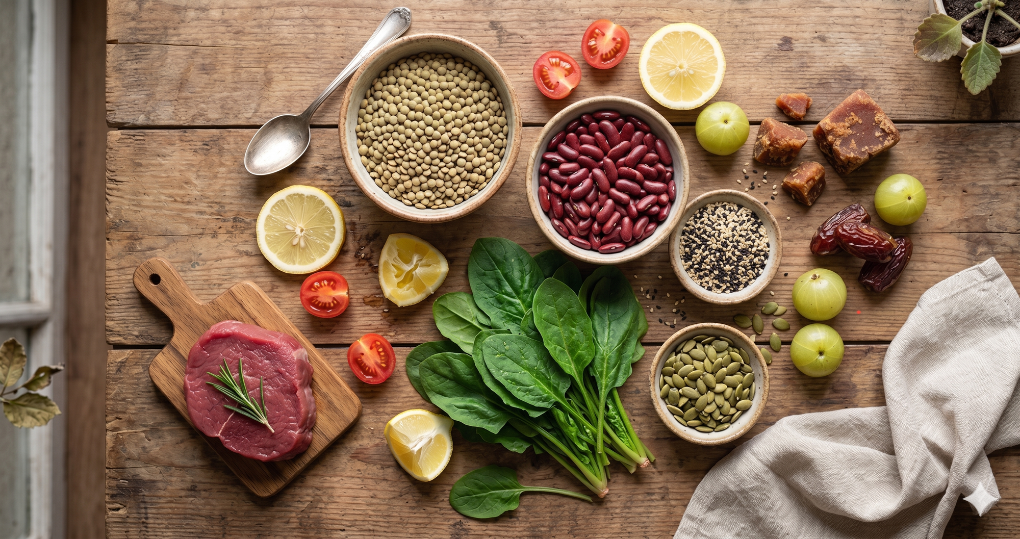 Iron-rich Indian foods including Lentils, rajma, spinach, sesame seeds, pumpkin seeds, jaggery, dates, red meat if non-vegetarian. Always pair with a Vitamin C source like lemon juice, tomatoes, amla. for fighting fatigue