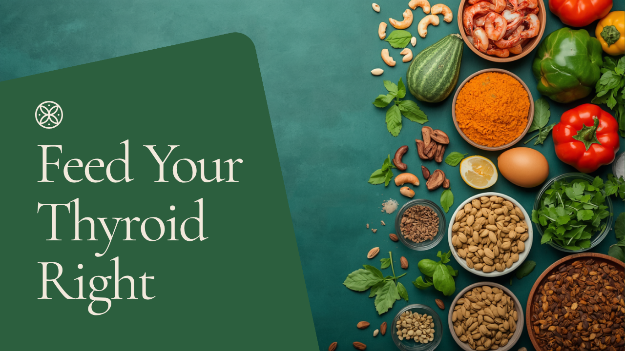 Thyroid nutrition infographic showing Indian food sources of iodine, selenium, iron, zinc and magnesium
