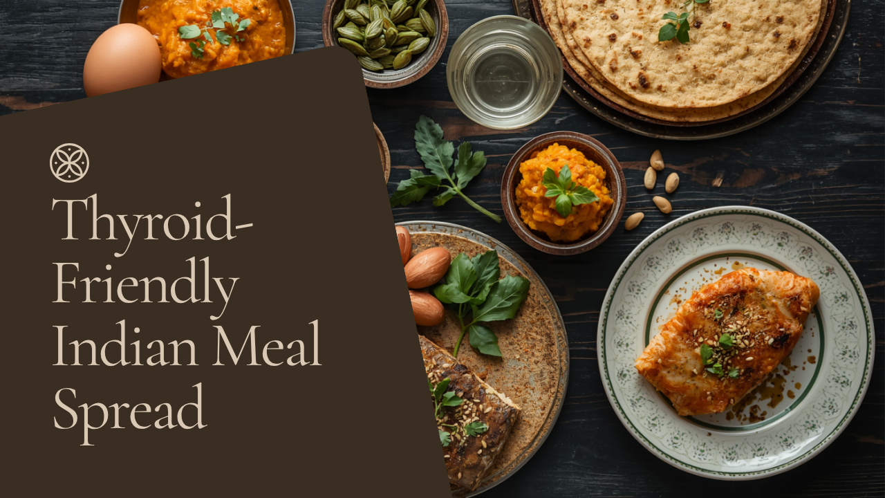 Indian thyroid friendly meal spread with eggs fish rajma bajra roti pumpkin seeds and leafy greens