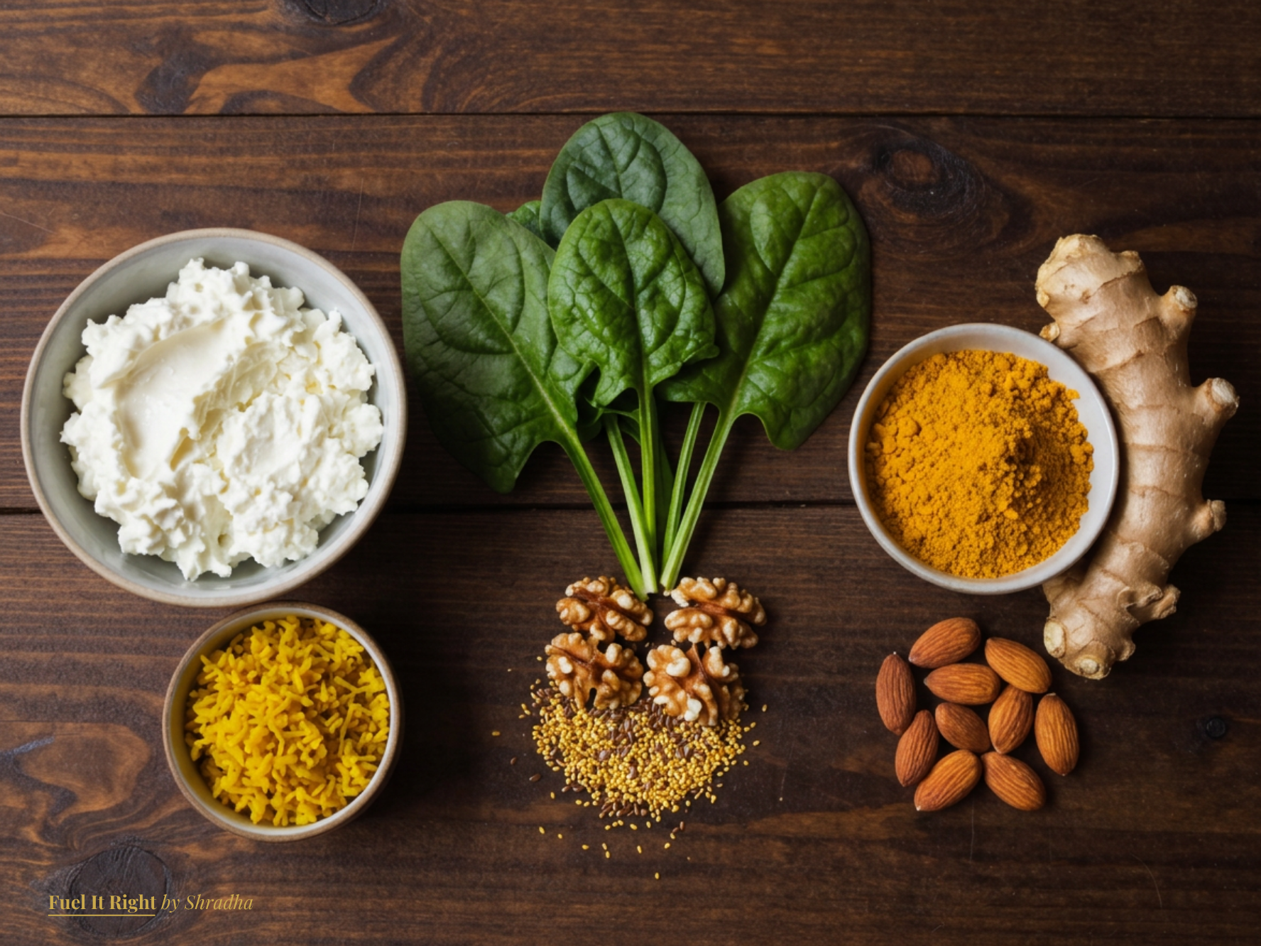 Indian foods for PCOS and PMOS nutrition across the 20s, 30s and 40s including curd, dal, spinach, walnuts, flaxseeds, turmeric, ginger and almonds