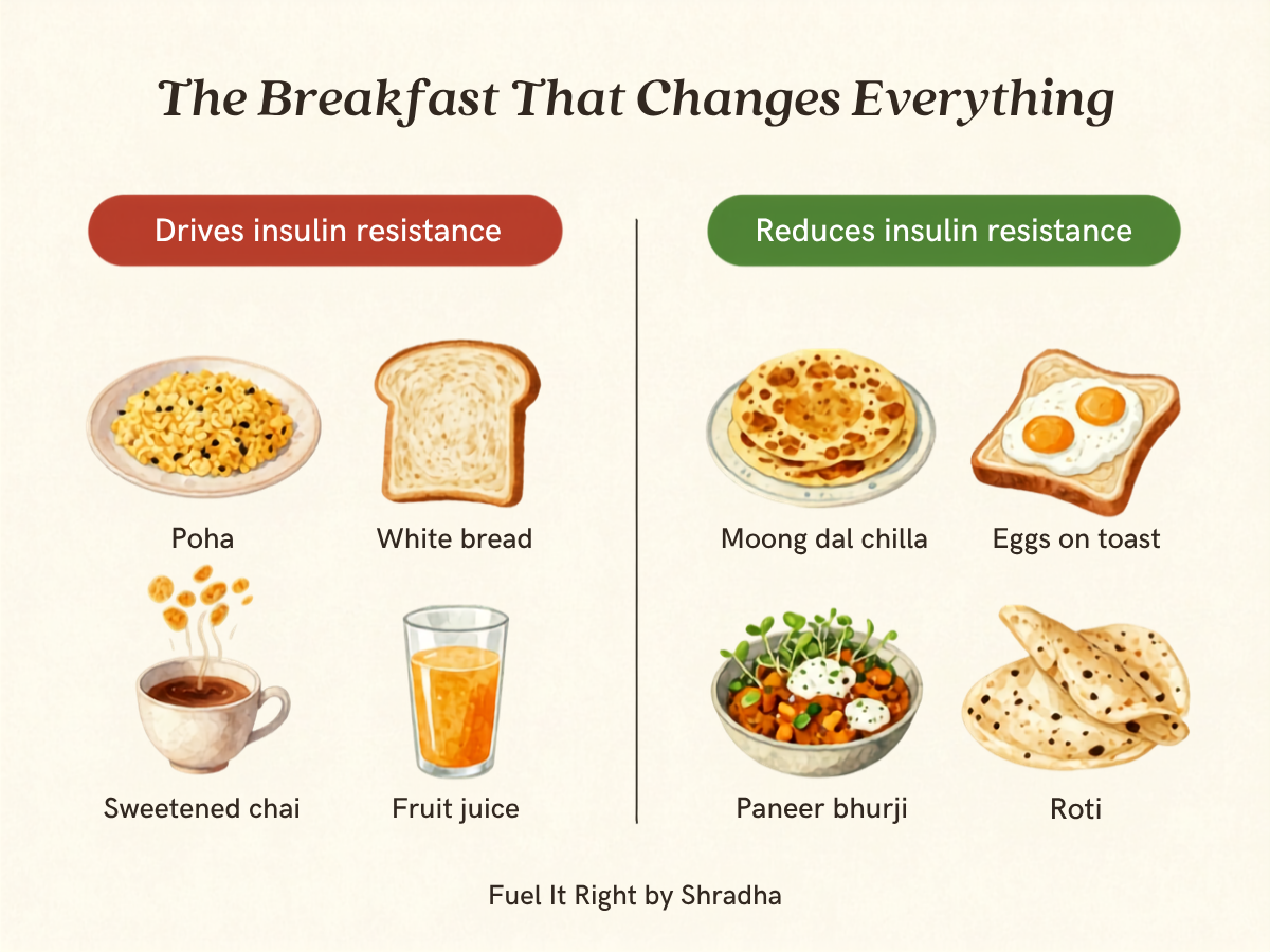 The breakfast that changes everything for PMOS — drives insulin resistance: poha white bread sweetened chai fruit juice vs reduces insulin resistance: moong dal chilla eggs paneer bhurji roti