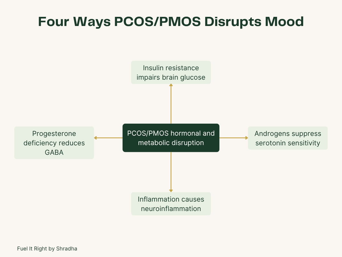 Four ways PCOS PMOS disrupts mood. Insulin resistance impairs brain glucose androgens suppress serotonin sensitivity inflammation causes neuroinflammation progesterone deficiency reduces GABA