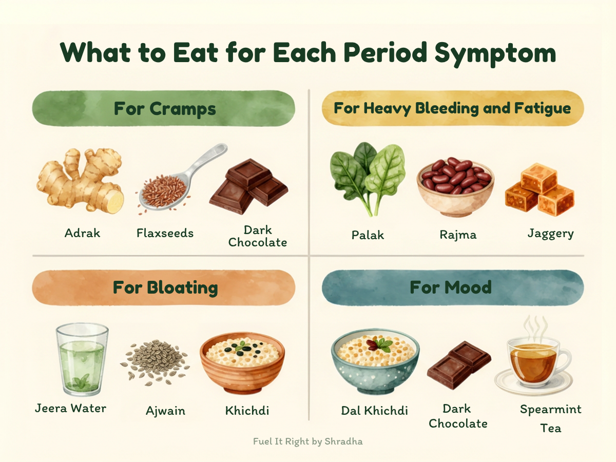 What to eat for each period symptom PCOS PMOS. For cramps adrak flaxseeds dark chocolate, for heavy bleeding palak rajma jaggery, for bloating jeera water ajwain khichdi, for mood dal khichdi dark chocolate spearmint tea