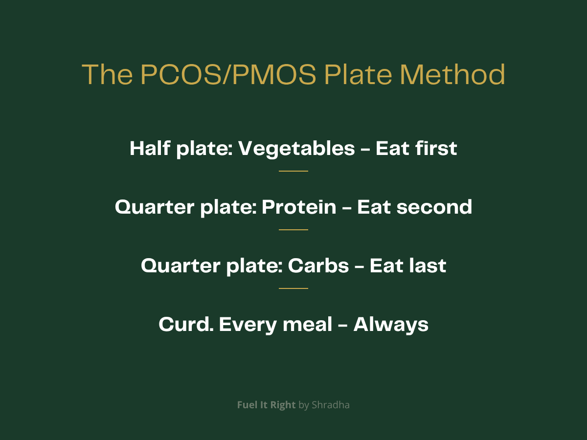 he PCOS PMOS plate method summary. Half plate vegetables eat first, quarter plate protein eat second, quarter plate carbs eat last, curd every meal always