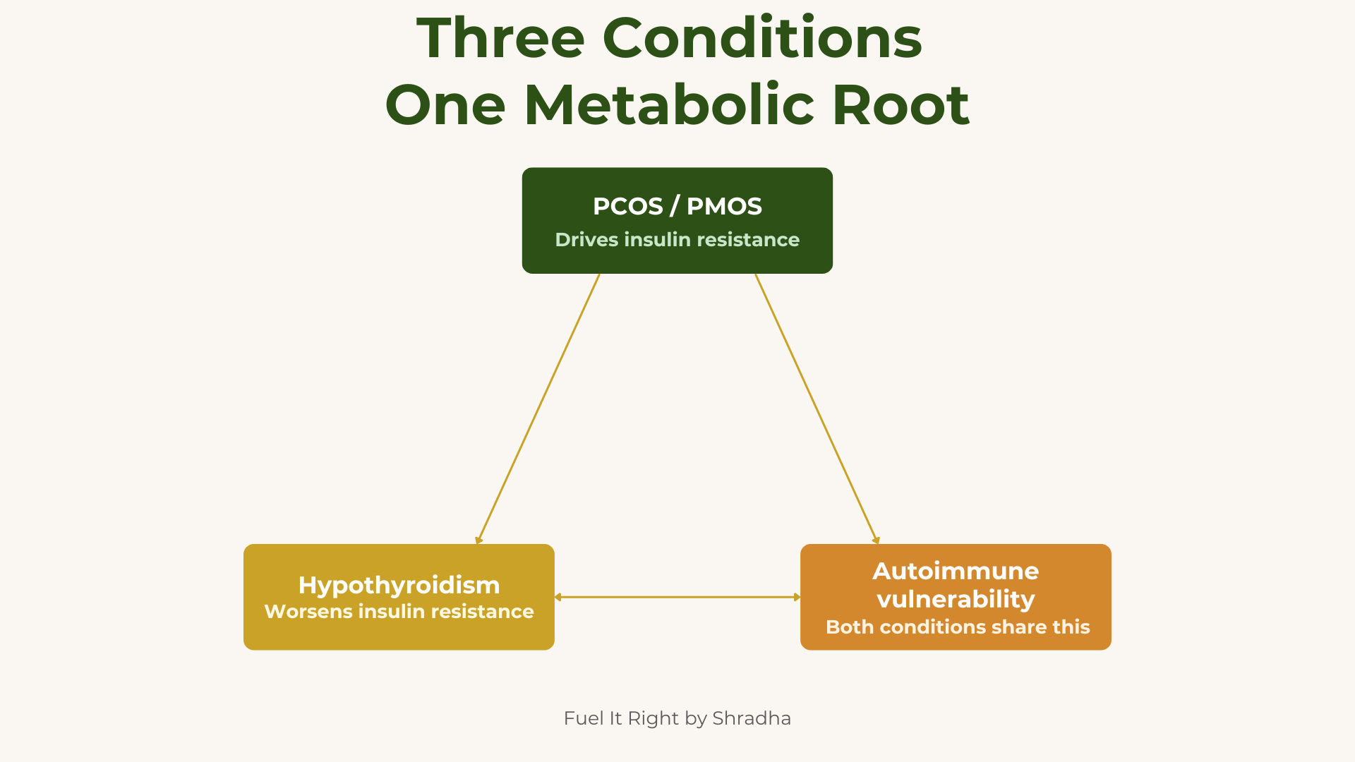 Three conditions one metabolic root. PCOS PMOS drives insulin resistance hypothyroidism worsens insulin resistance both share autoimmune vulnerability