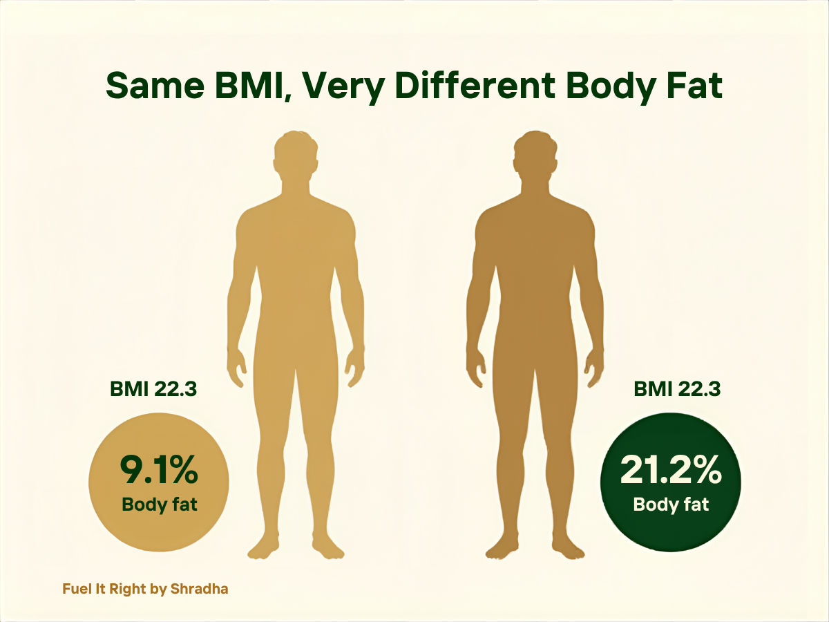 Illustration comparing two men with identical BMI of 22.3 but very different body fat percentages, 9.1% versus 21.2%, illustrating the Y-Y paradox
