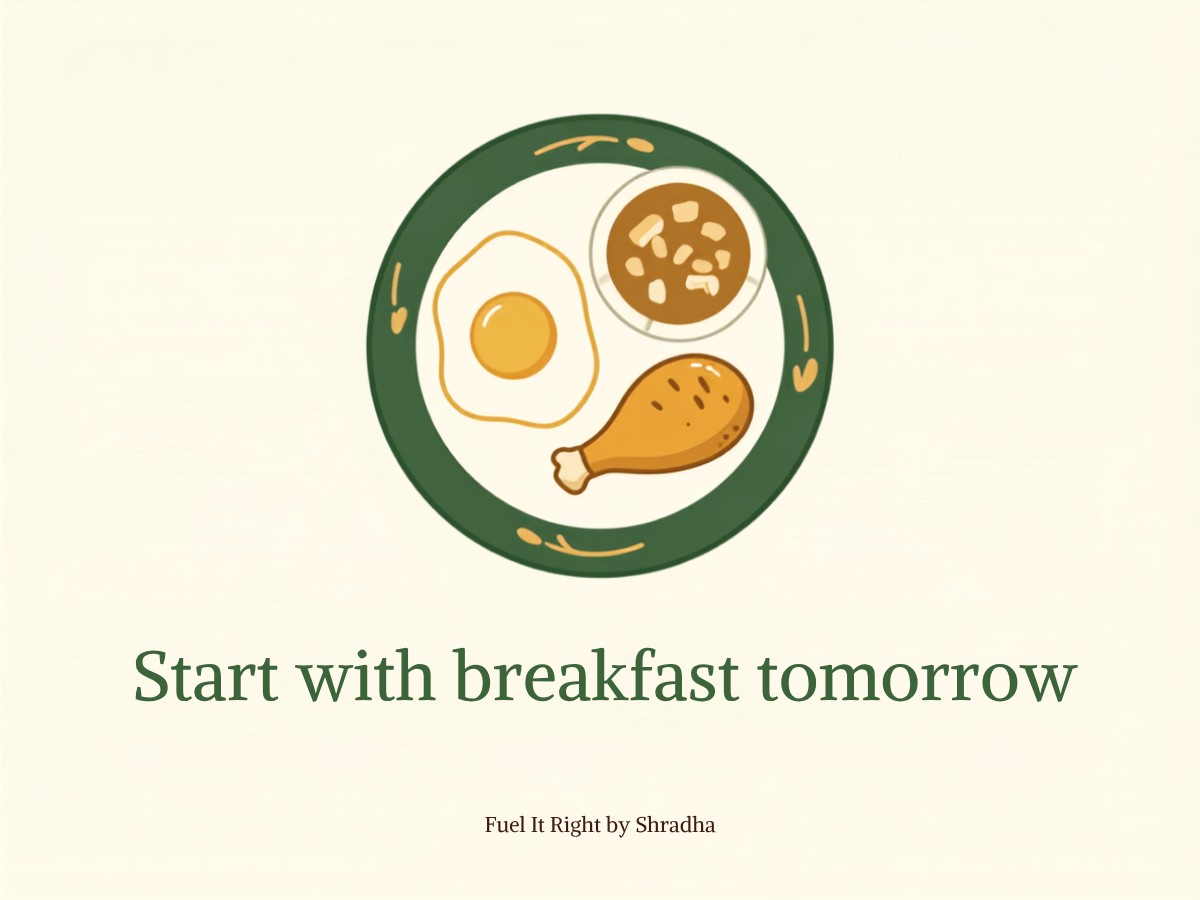 Illustrated protein breakfast plate representing the first PMOS food protocol habit