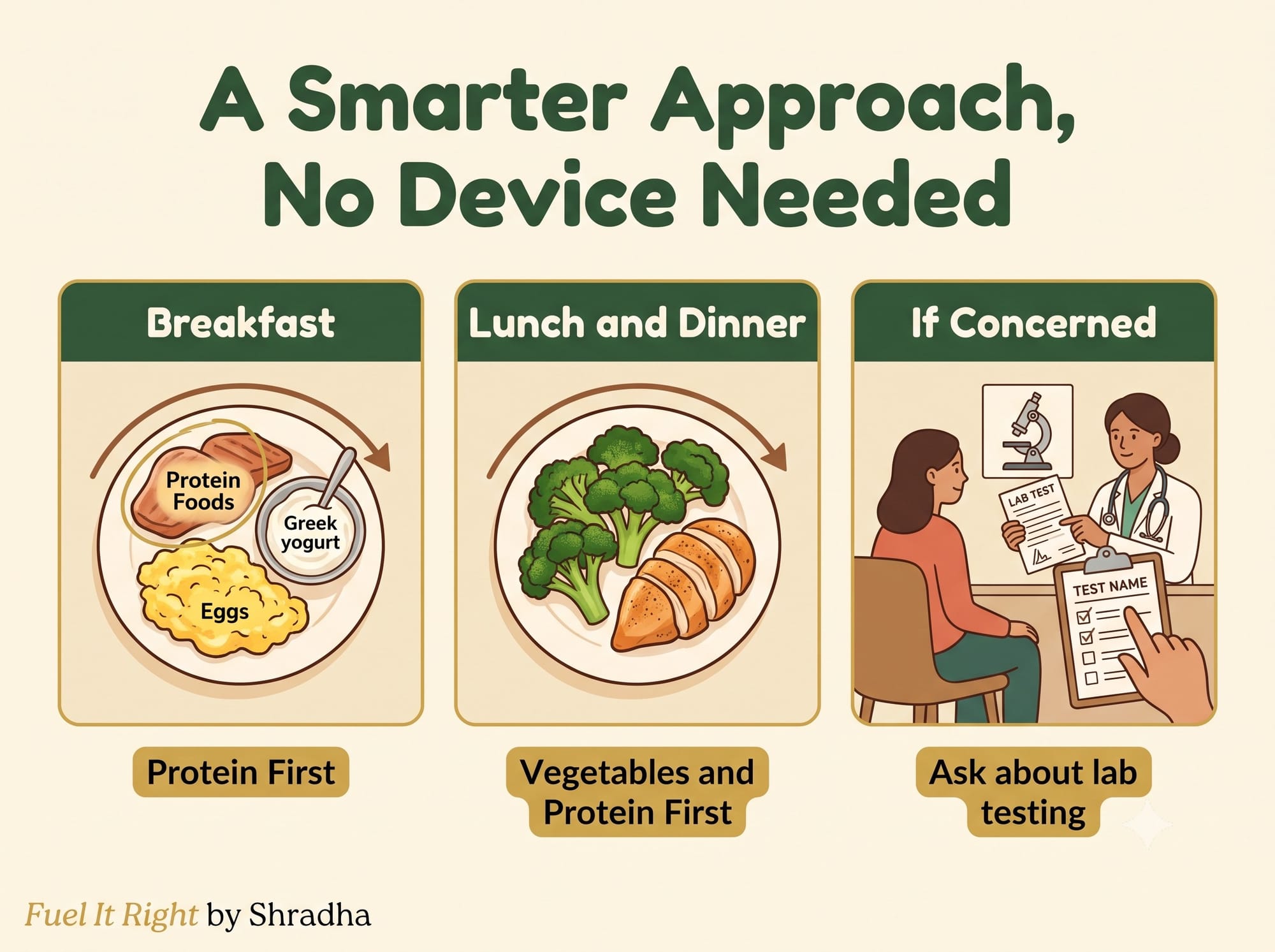 Table showing three real approaches to managing blood sugar without a CGM: a sequenced breakfast, sequenced main meals, and validated lab testing if genuinely concerned