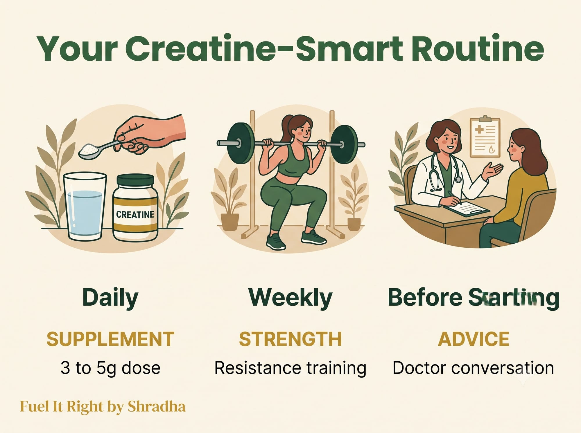 Table showing three real practices for using creatine as a woman: a daily dose, weekly resistance training, and a doctor conversation before starting if pregnant or on other medications