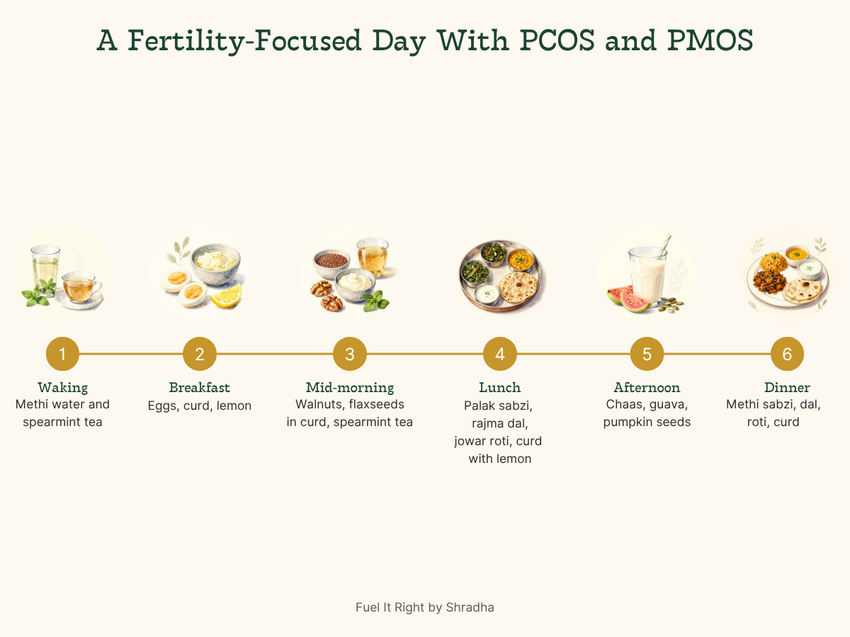A fertility-focused day with PCOS PMOS. Methi water spearmint tea waking eggs curd lemon breakfast walnuts flaxseeds mid-morning palak rajma dal lunch chaas guava pumpkin seeds afternoon methi sabzi dal dinner