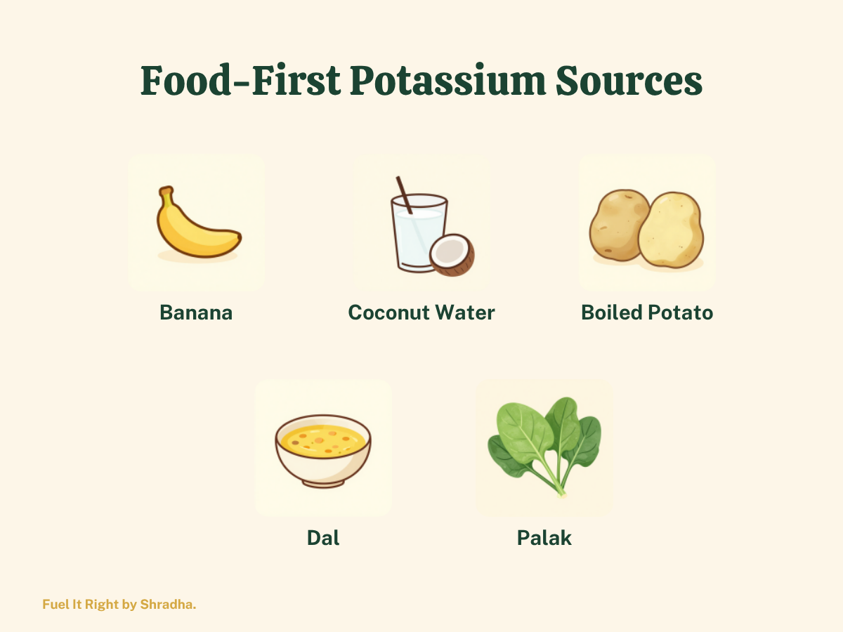 Grid of high-potassium Indian foods including banana, coconut water, boiled potato with skin, dal, and palak
