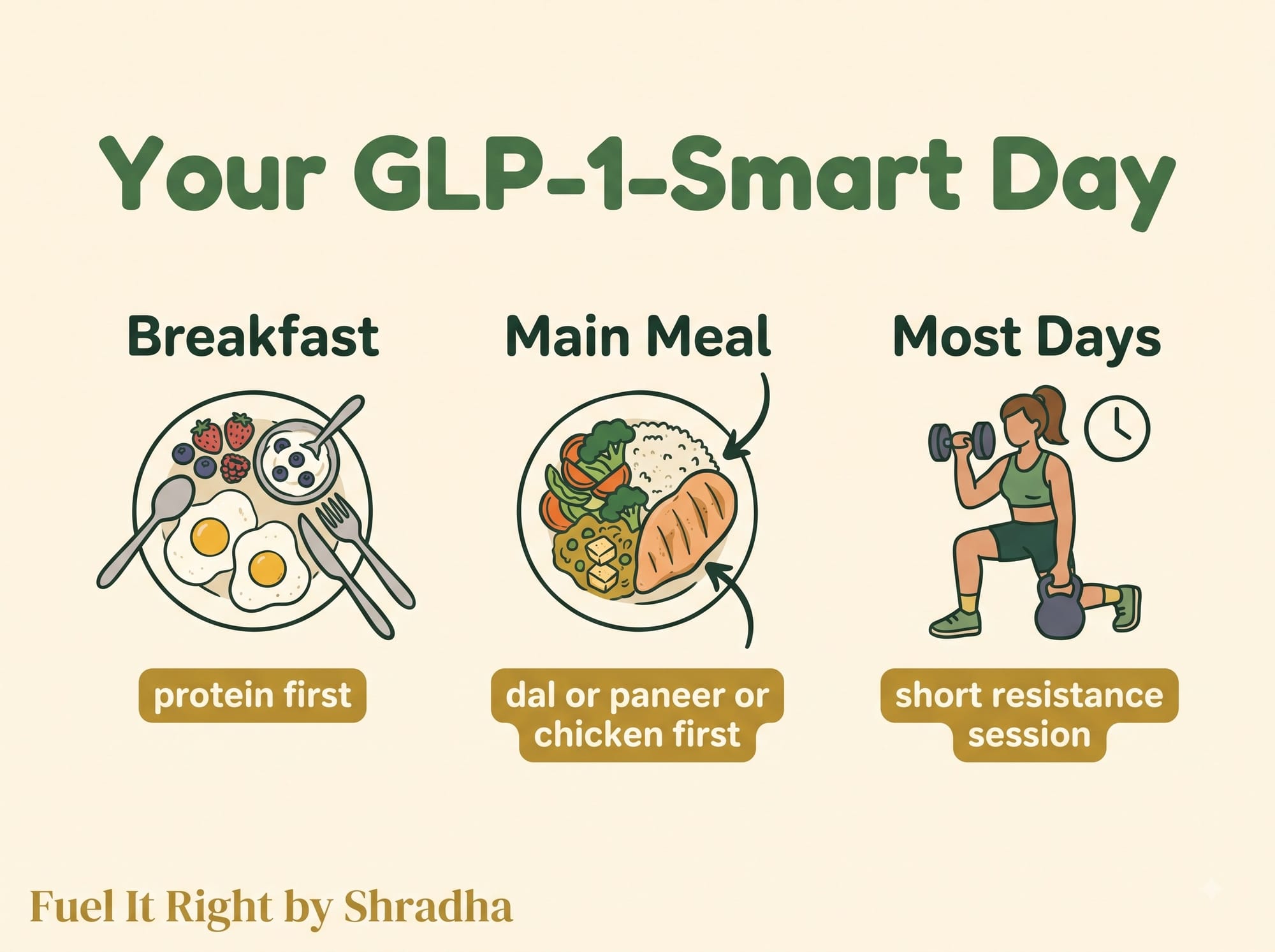Table showing three real daily moments for protecting muscle on GLP-1 medication: a protein-first breakfast, a protein-forward main meal, and a short daily resistance session