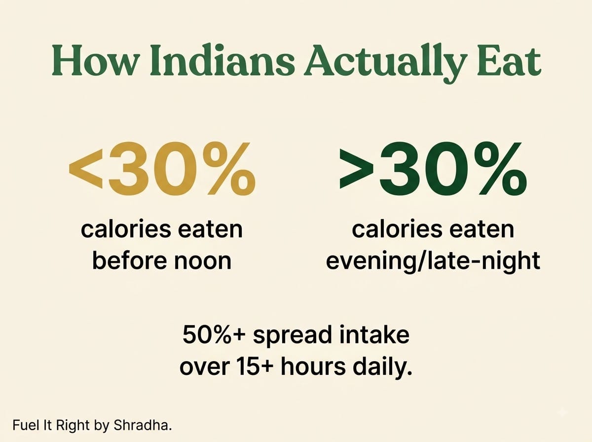 Infographic showing that less than 30% of daily calories among Indian adults studied were eaten before noon, while over 30% came in evening and late-night hours, with over half spreading intake across 15+ hours daily