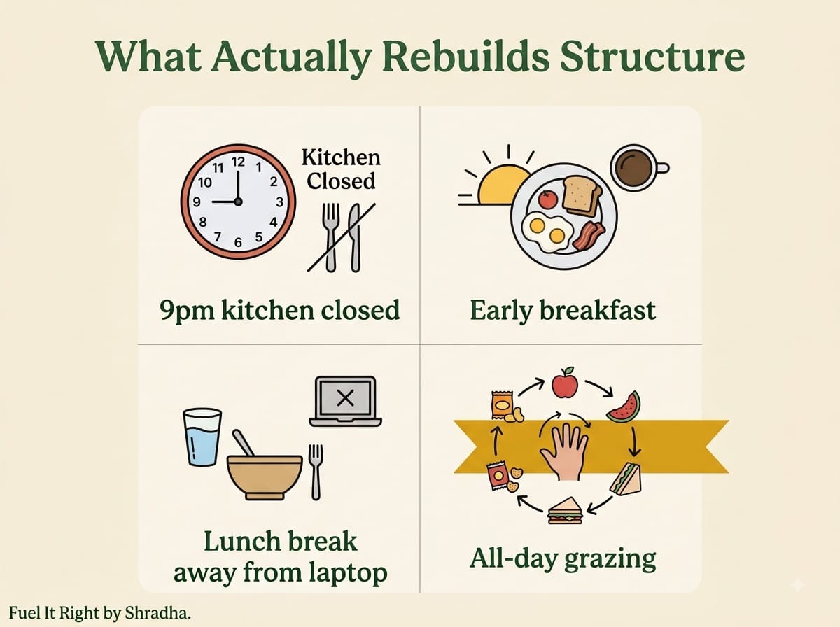 Grid comparing WFH eating habits, showing a fixed kitchen-closed time, morning protein, and a real lunch break as strong practices versus all-day grazing as a common overlooked problem