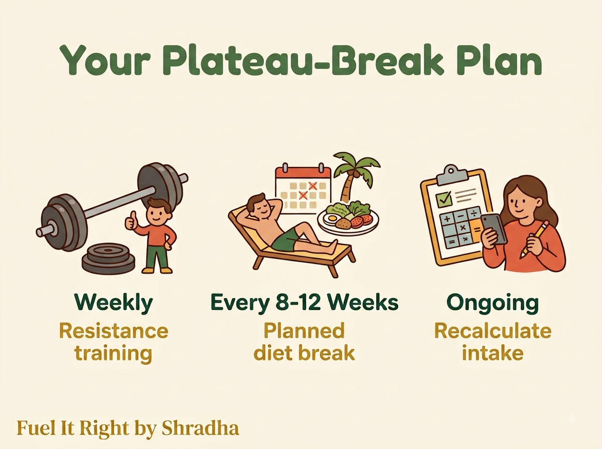 Table showing three real practices for breaking a weight loss plateau: weekly resistance training, a planned diet break every 8-12 weeks, and ongoing calorie recalculation