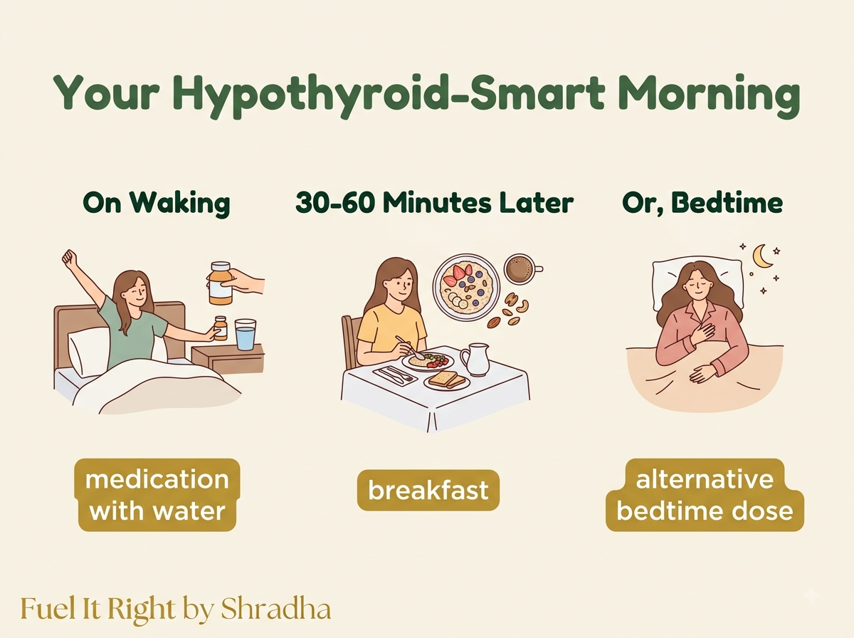 Table showing three real daily moments for hypothyroid medication timing: dosing on waking, breakfast after the wait window, and a bedtime dosing alternative