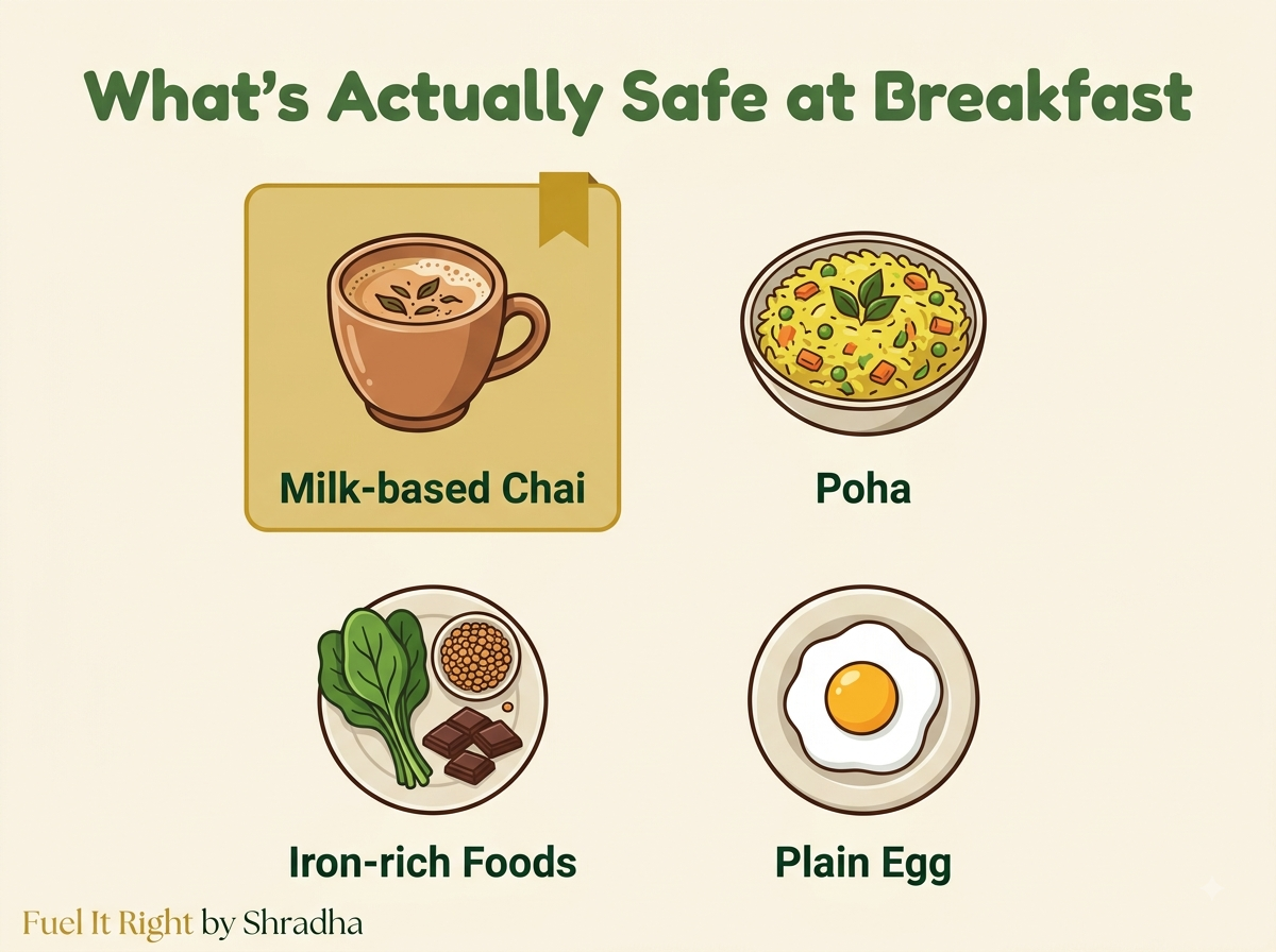 Grid comparing common Indian breakfast items and habits for thyroid medication timing, showing milk-based chai as the biggest offender and plain eggs as a safer option