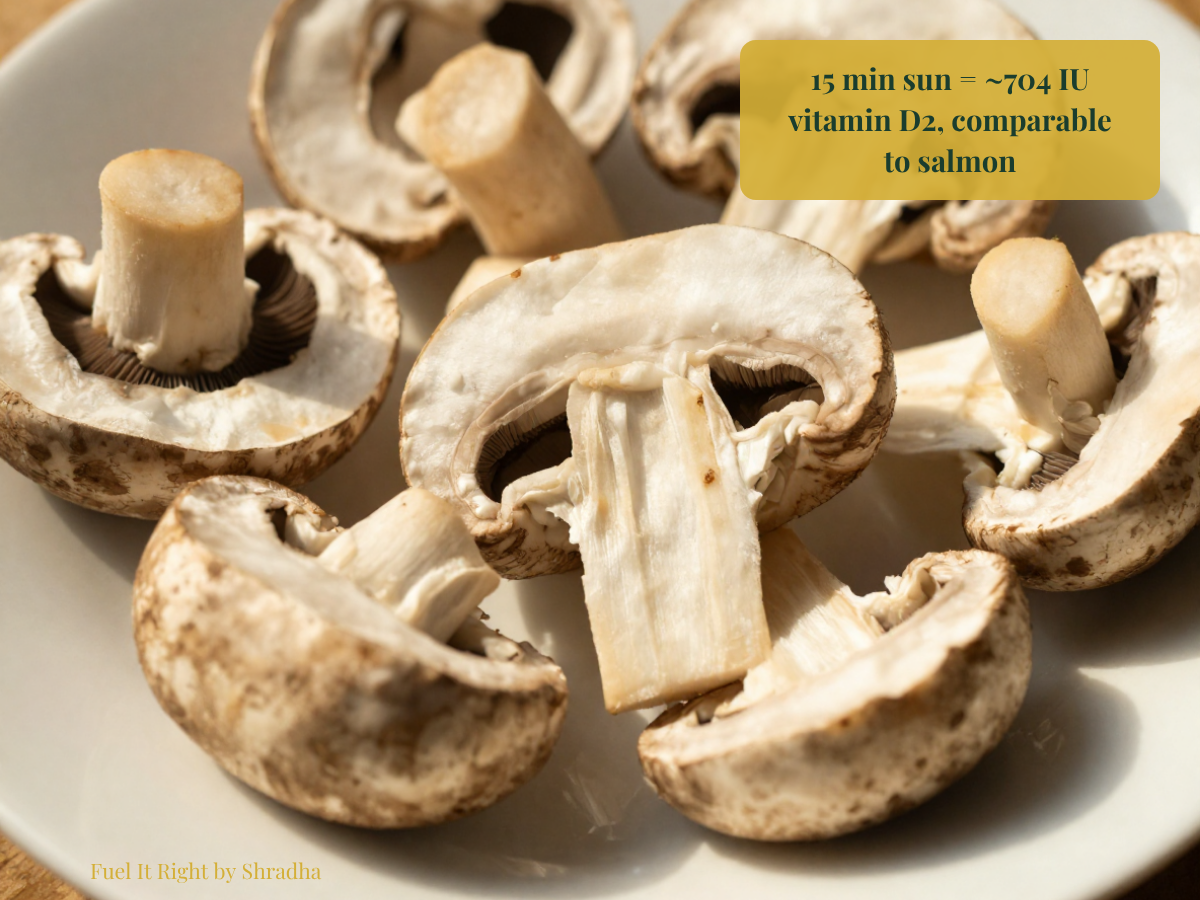 Photo or illustration showing sliced mushrooms laid gill-side up in direct sunlight, with a callout showing the measured increase in vitamin D2 content after 15 minutes of exposure
