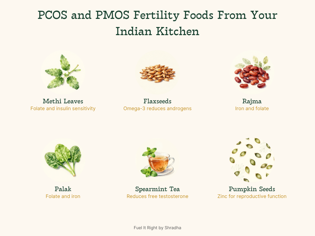 PCOS PMOS fertility foods from Indian kitchen. Methi leaves folate flaxseeds omega-3 androgens rajma iron palak folate spearmint tea testosterone pumpkin seeds zinc reproductive function