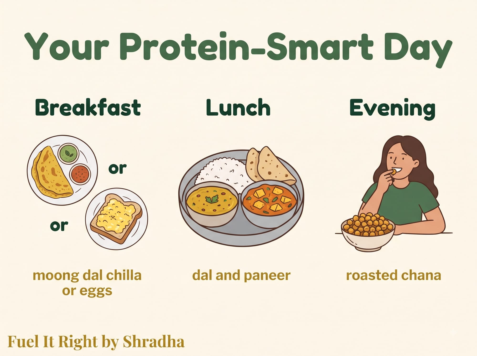 Table showing three real daily moments for meeting protein needs in an Indian diet: a protein-anchored breakfast, a generously portioned lunch, and a whole-food evening snack