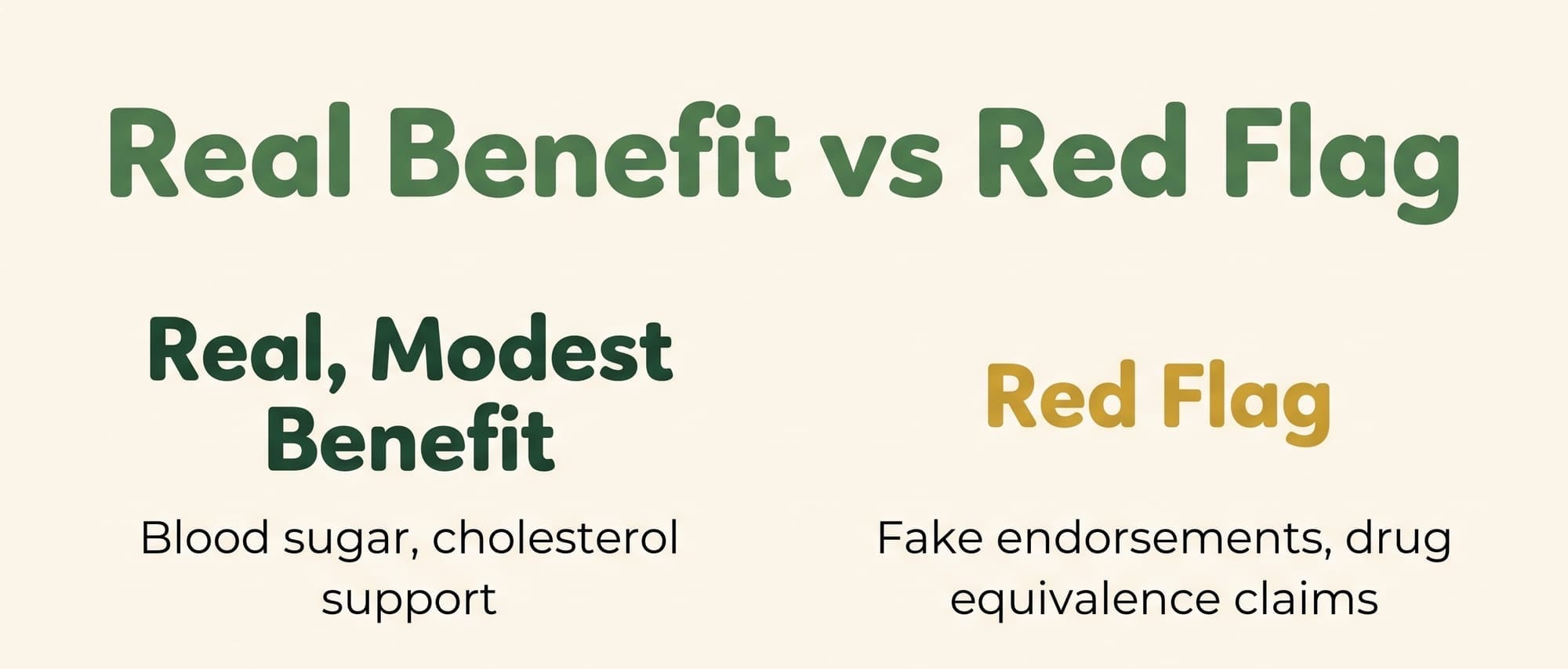 Grid comparing real evidence-backed benefits of berberine against marketing red flags like fake celebrity endorsements and false equivalence claims to prescription medications