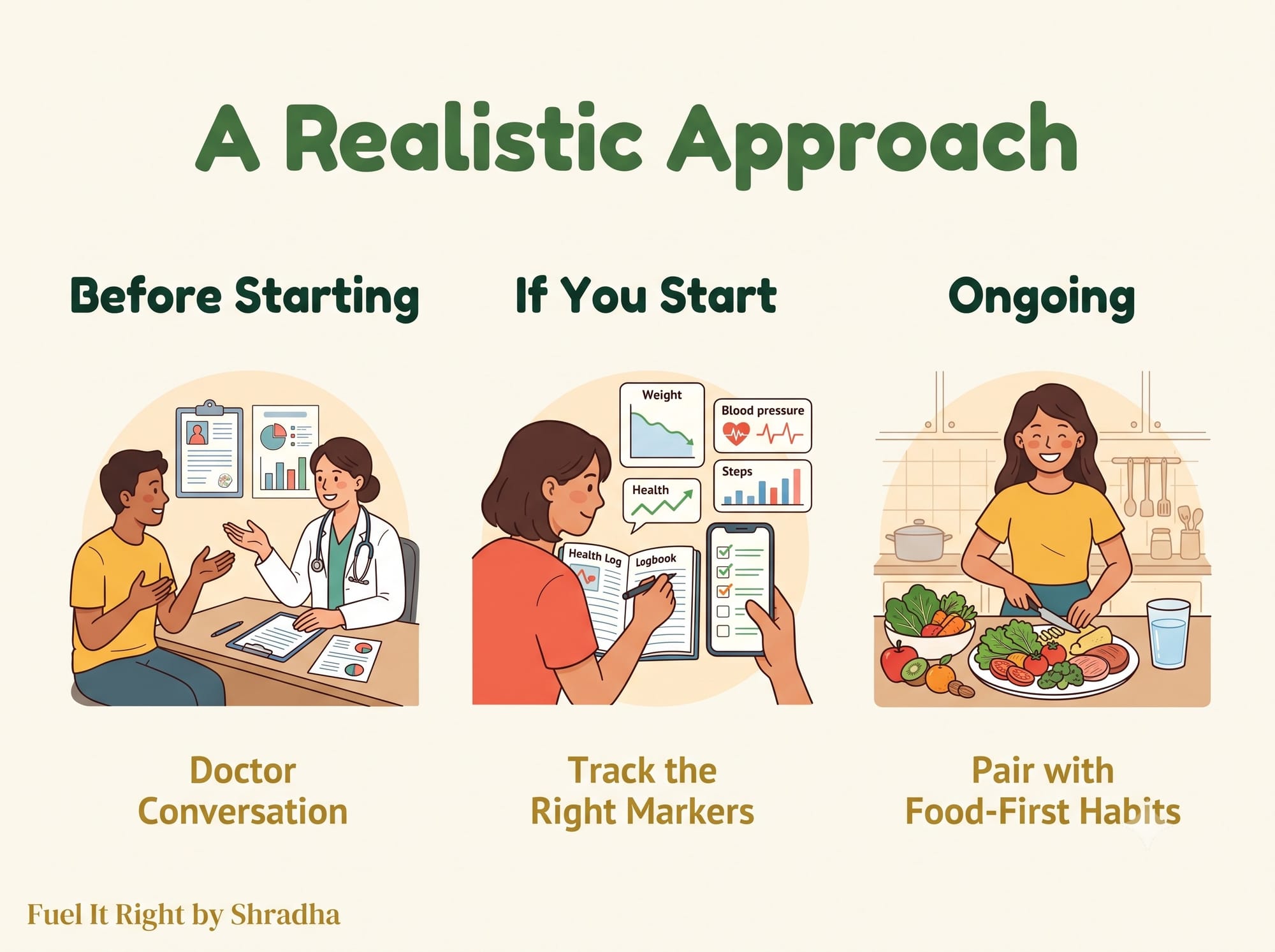 Table showing three real steps for approaching berberine realistically: a doctor conversation before starting, tracking the right markers, and pairing it with food-first habits