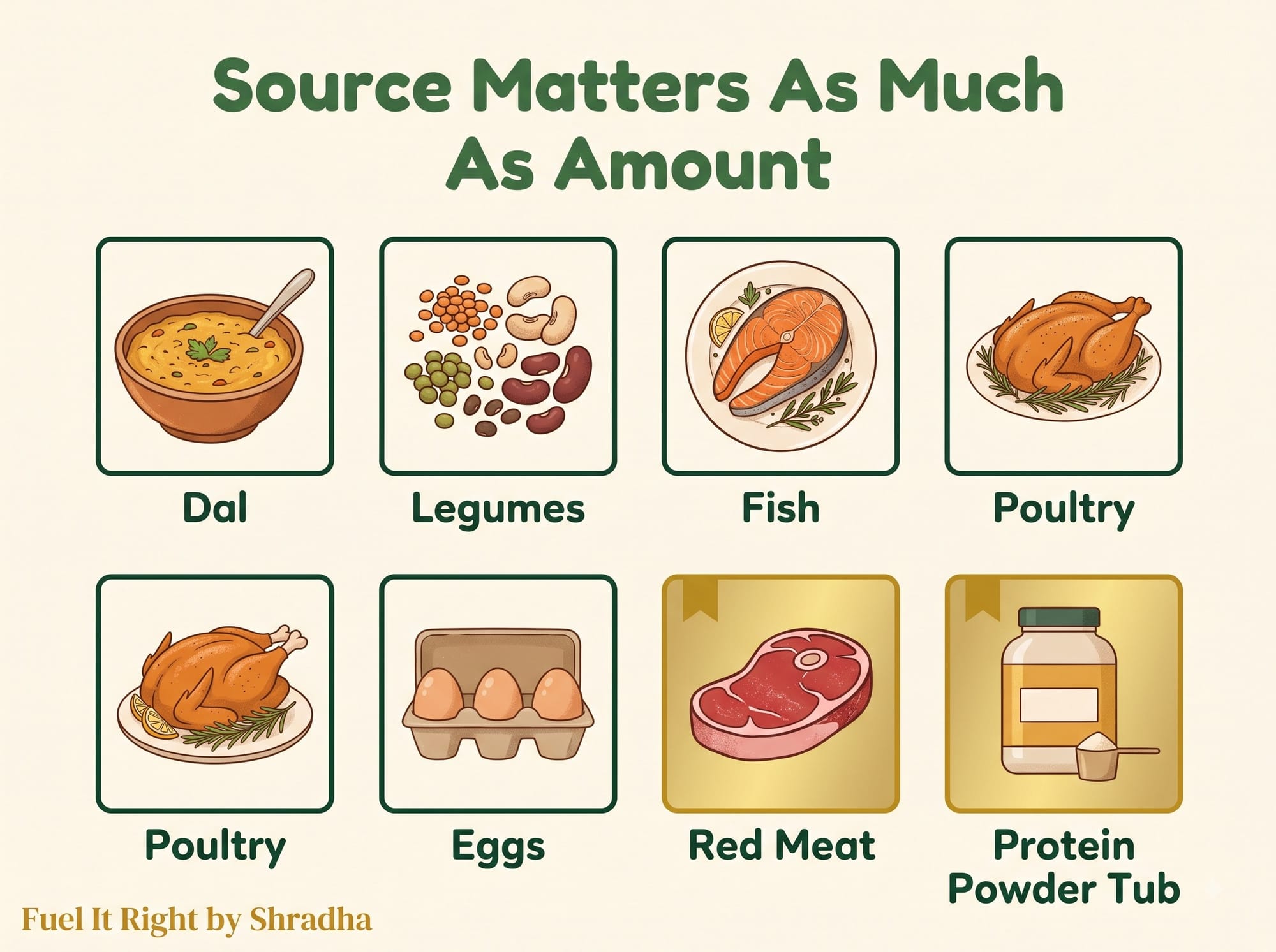 Grid comparing protein sources by long-term kidney-risk profile, showing dal, legumes, fish, poultry, and eggs as lower-risk choices versus red meat and powder supplements needing more caution