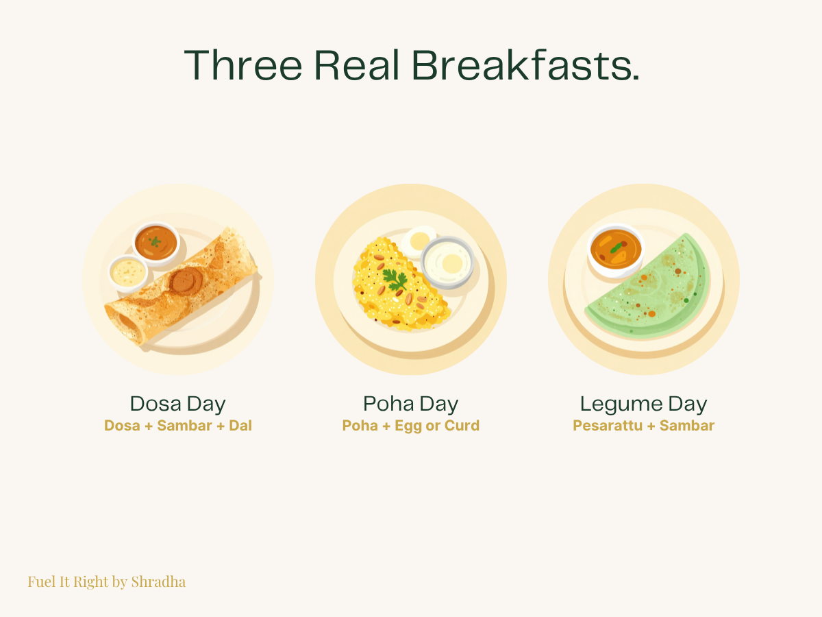 Table showing three fully assembled lower-GI Indian breakfast examples: a dosa day, a poha day, and a legume day