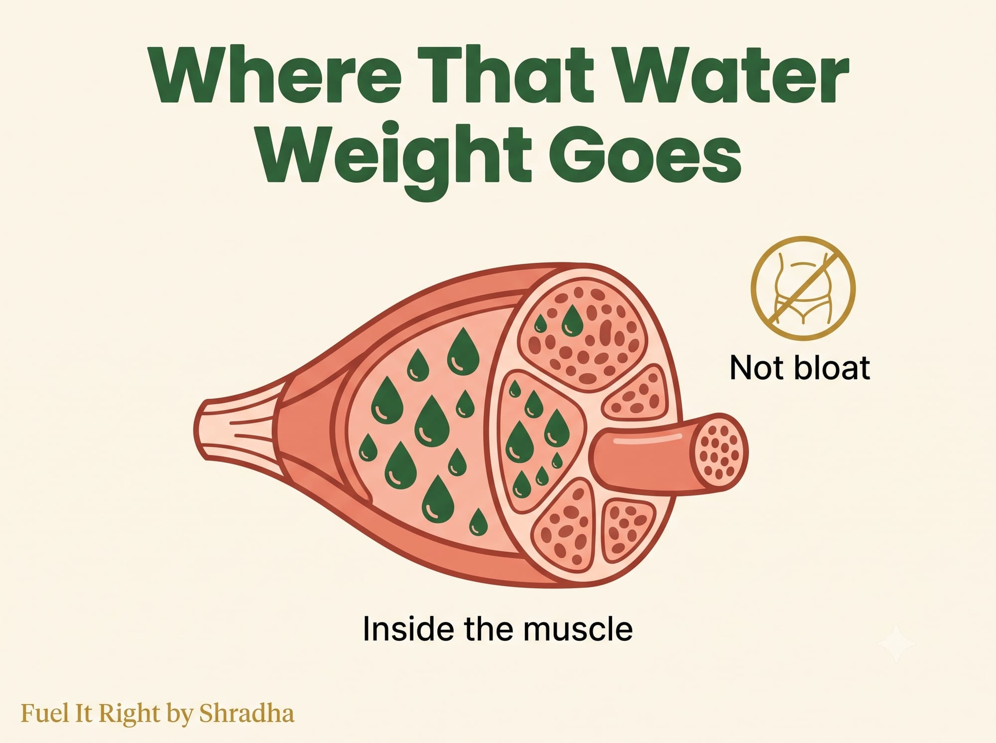 Diagram showing that the early water weight increase from creatine is stored inside muscle cells rather than as visible bloat or fat