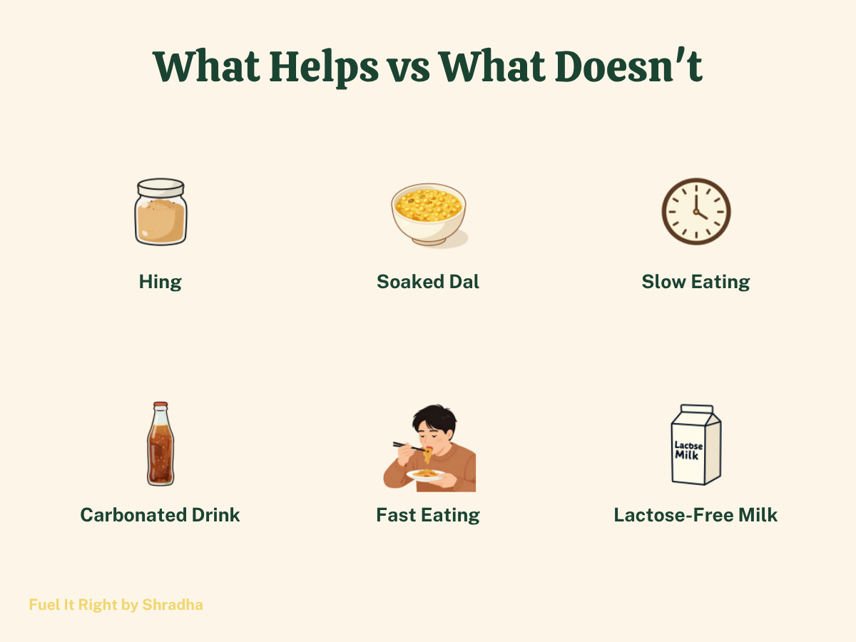 Grid comparing common bloating remedies and habits, showing hing, soaked legumes, slow eating as helpful choices versus carbonated drinks and fast eating as common overlooked causes