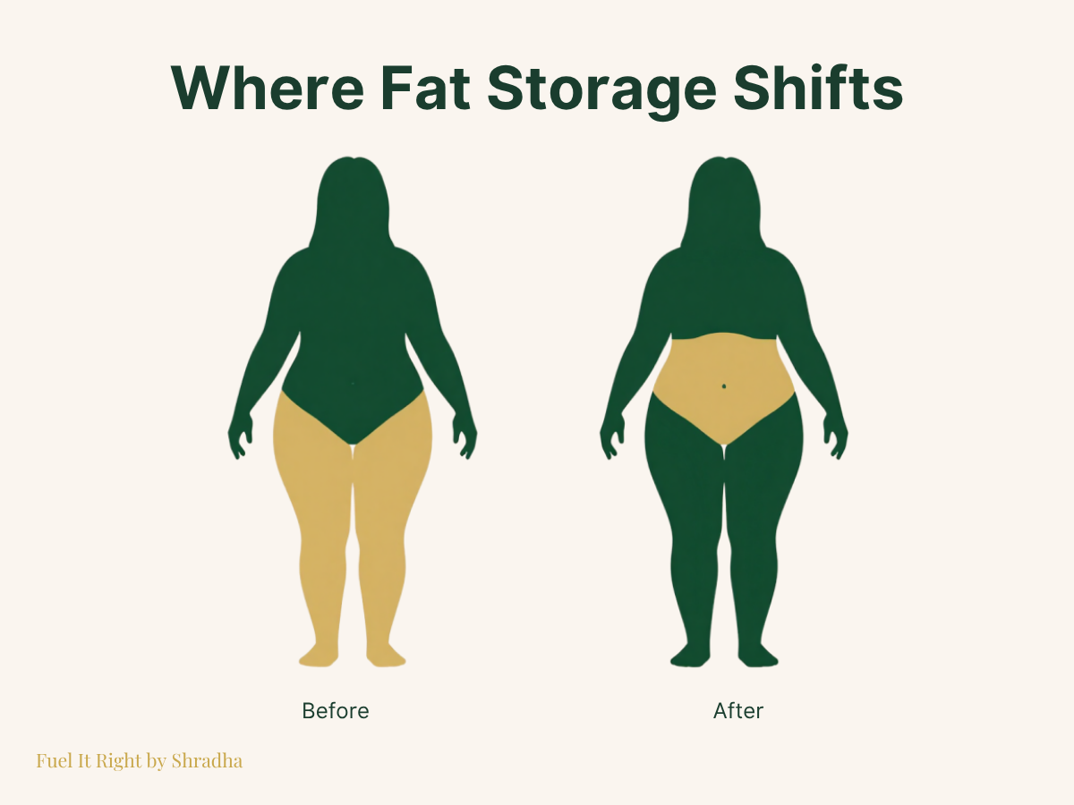 Diagram showing how declining estrogen during menopause shifts fat storage from the hips and thighs toward the visceral abdominal area