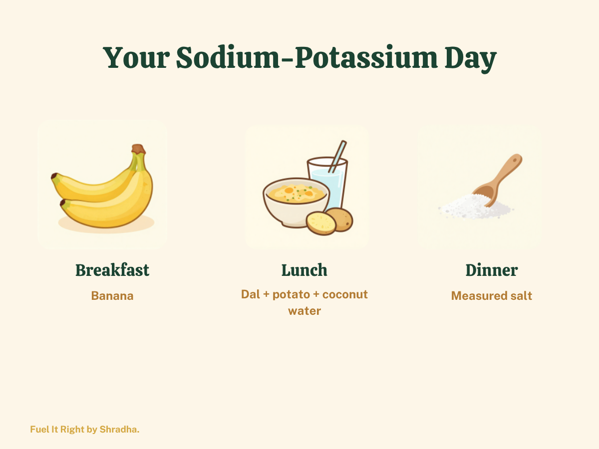 Table showing three real daily meals for balancing sodium and potassium: a banana breakfast, a dal and potato lunch, and a gradually reduced-salt dinner