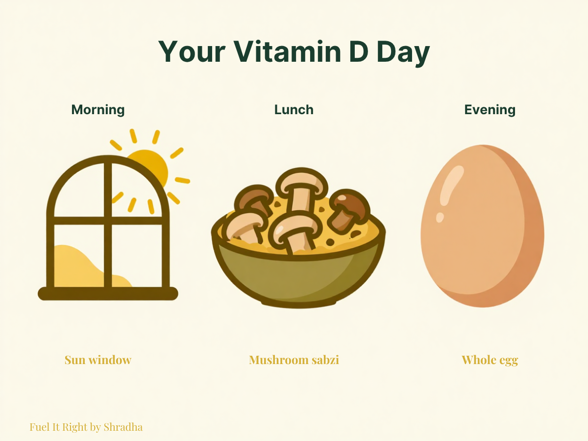 Table showing three real daily moments for building vitamin D: a midday sun window, a mushroom-based lunch, and an egg-based evening addition