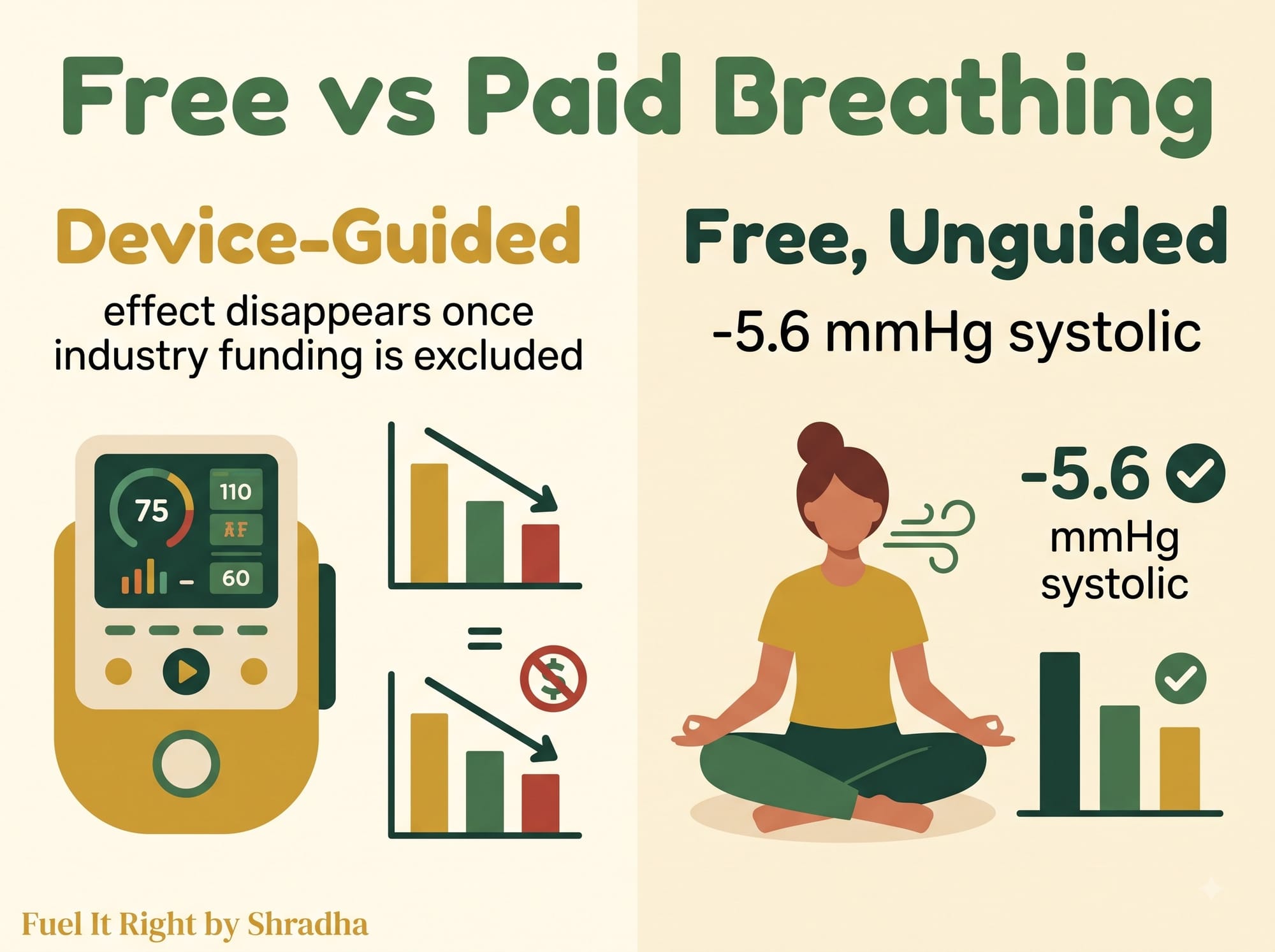 Comparison graphic showing that device-guided breathing's blood pressure benefit disappears once industry-sponsored trials are excluded, while free unguided slow breathing shows consistent modest reductions of about 5.6 mmHg systolic