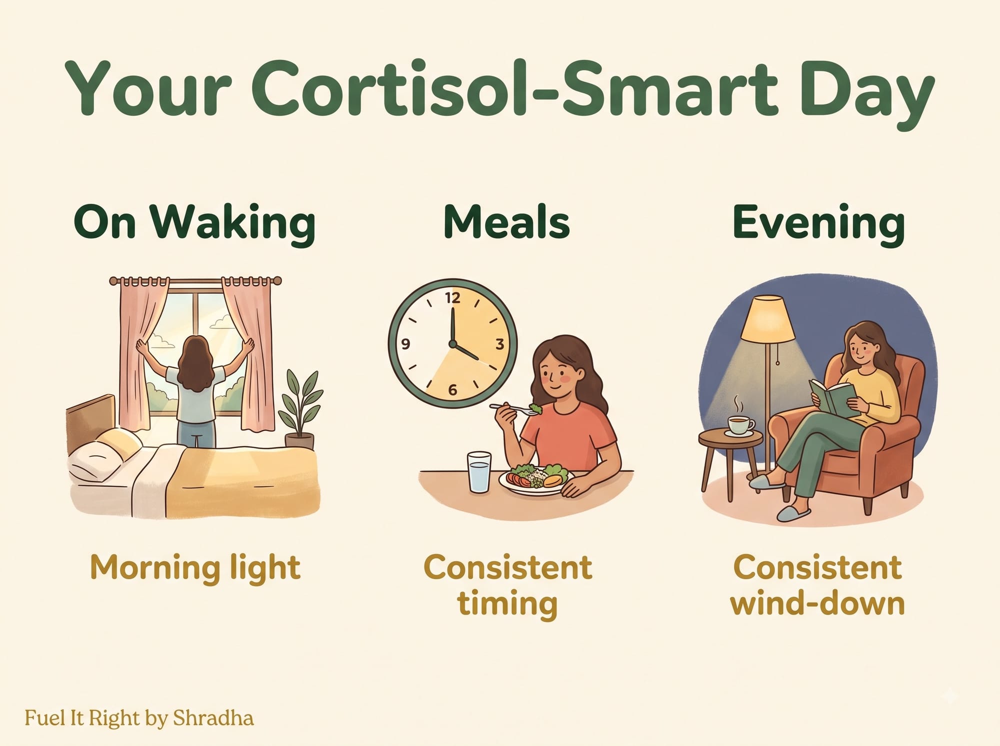 Table showing three real daily moments that genuinely support cortisol rhythm: morning light exposure, consistent meal timing, and a consistent evening wind-down