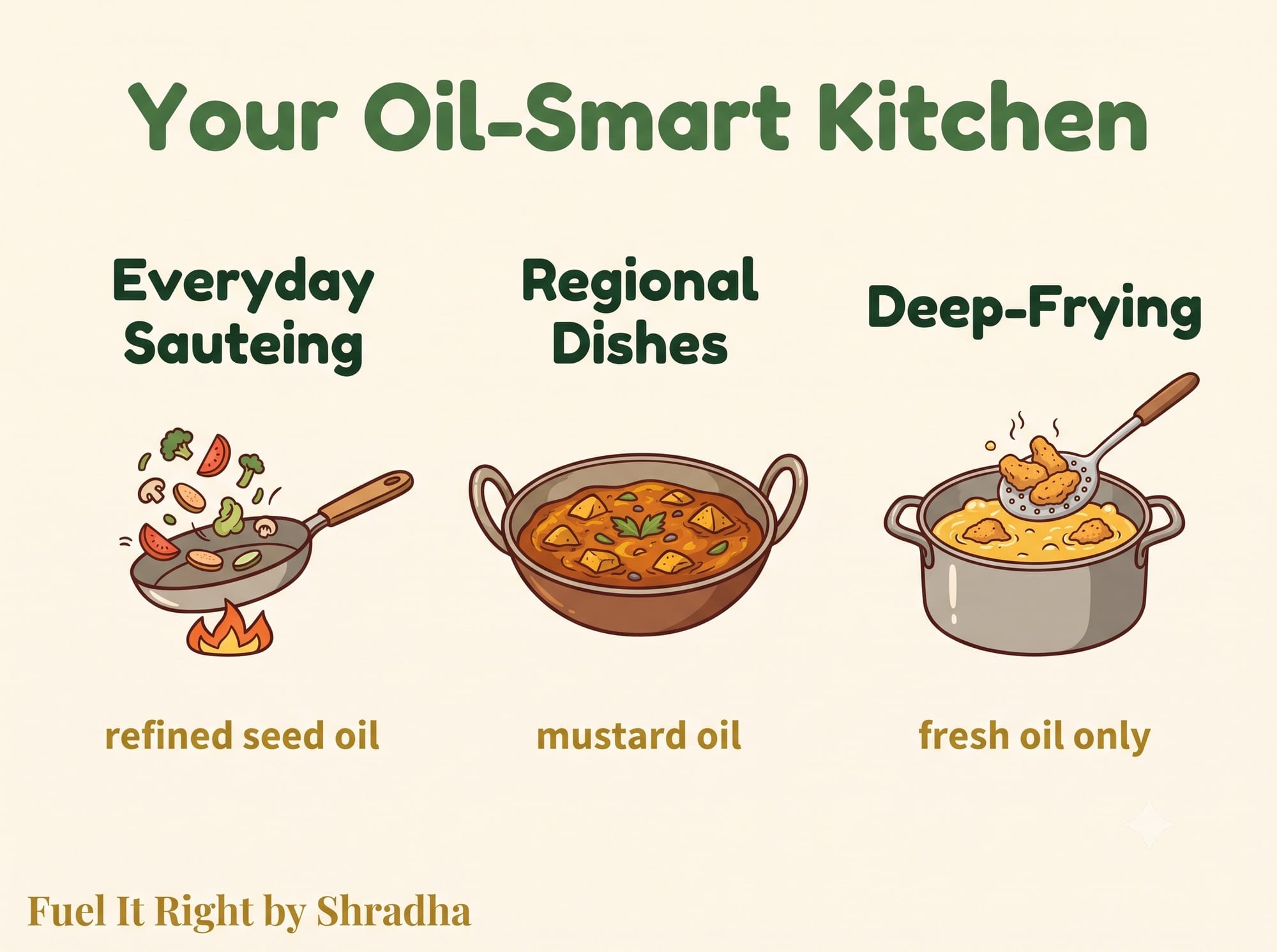Table showing three real oil choices for Indian cooking: refined seed oil for everyday sautéing, mustard oil for regional dishes, and fresh oil for deep-frying