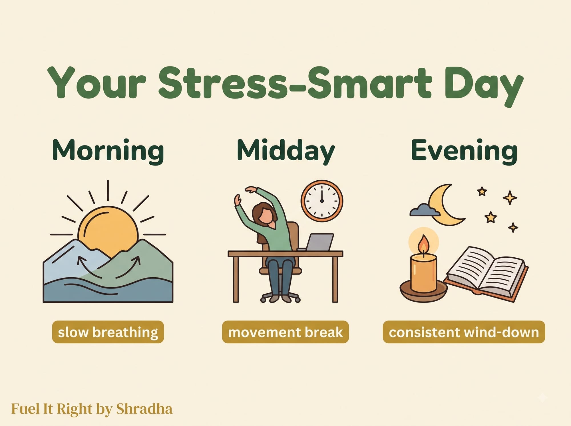 Table showing three real daily moments for managing young-adult hypertension: a morning breathing practice, a midday movement break, and a consistent evening wind-down