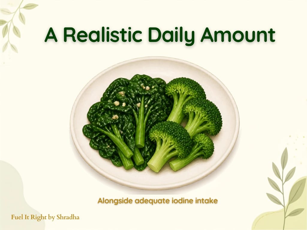 Graphic showing one to two servings of cooked cruciferous vegetables daily as a realistic, evidence-supported amount alongside adequate iodine intake