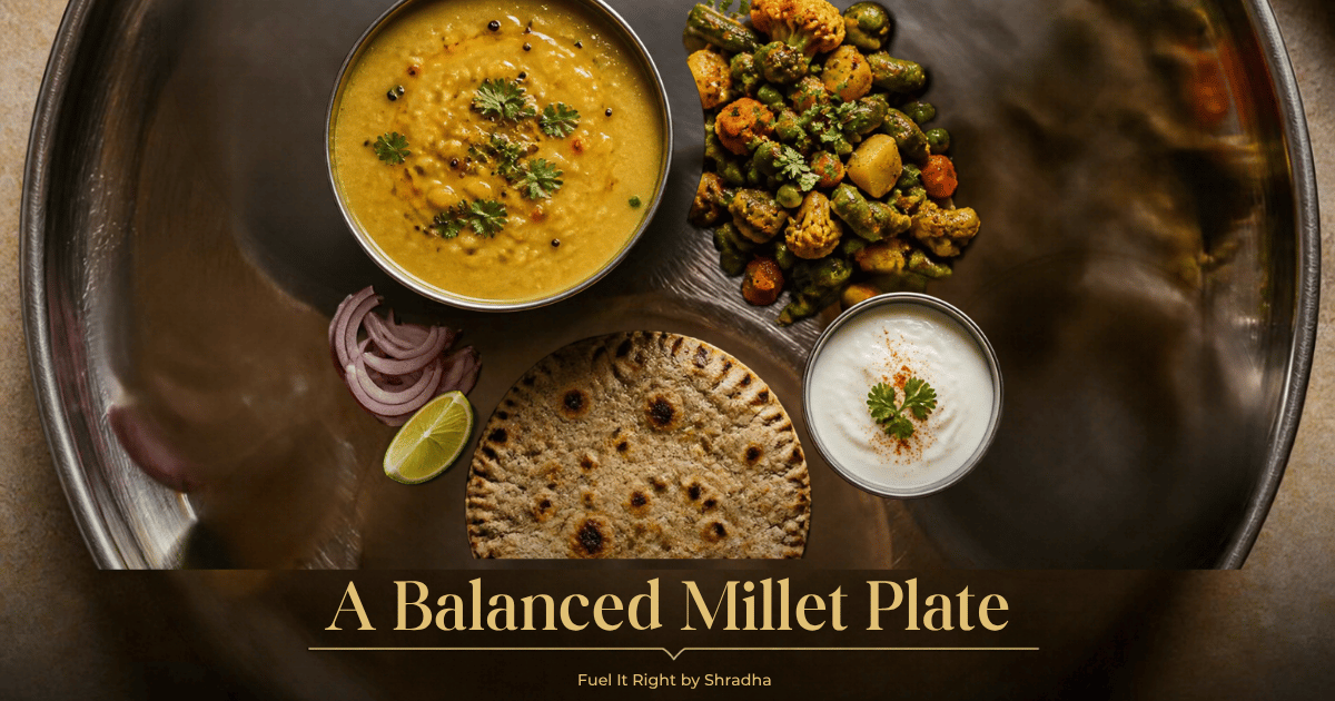 Indian thali with pearl millet roti, dal, curd and mixed vegetables, a smaller millet portion paired with a visible protein anchor