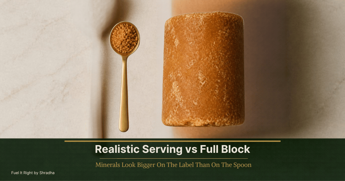 Jaggery vs sugar for diabetes: one teaspoon of jaggery next to a full 100g block