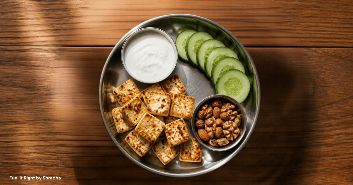 Intermittent fasting and diabetes, photorealistic overhead photo of a fast-breaking plate with paneer, curd, cucumber and a small bowl of nuts on a steel thali, showing a protein-first way to break a fast