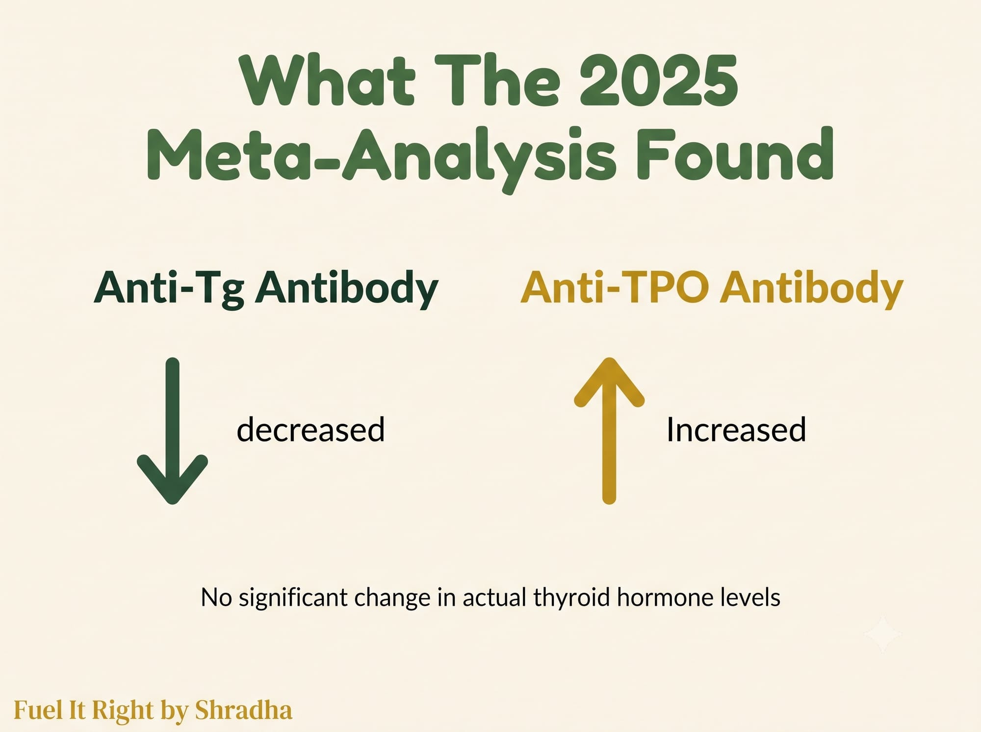Graphic showing a 2025 meta-analysis finding gluten-free diets lowered one thyroid antibody but raised another, with no significant change in actual thyroid hormone levels