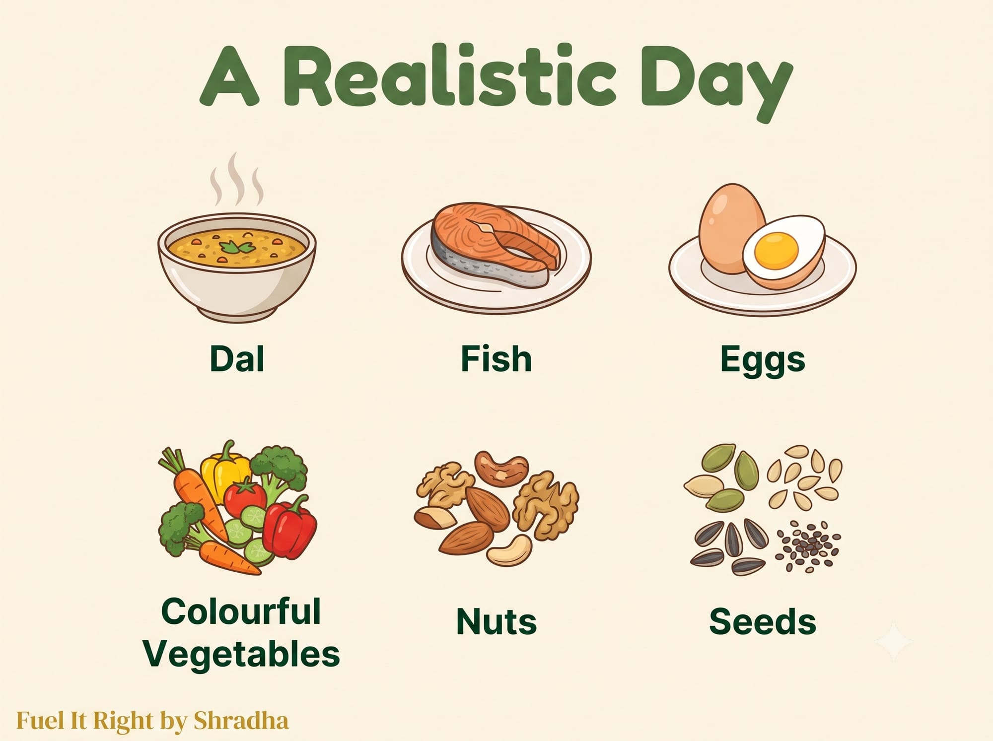 Grid showing a realistic daily structure for a Hashimoto's thyroiditis diet: dal, fish or eggs, colourful vegetables, nuts, and seeds