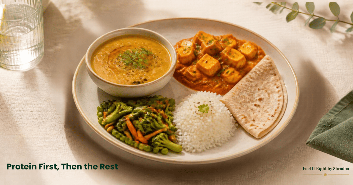 Indian meal plate with a visible protein anchor of dal and paneer, alongside a smaller portion of rice and roti and a mixed vegetable side
