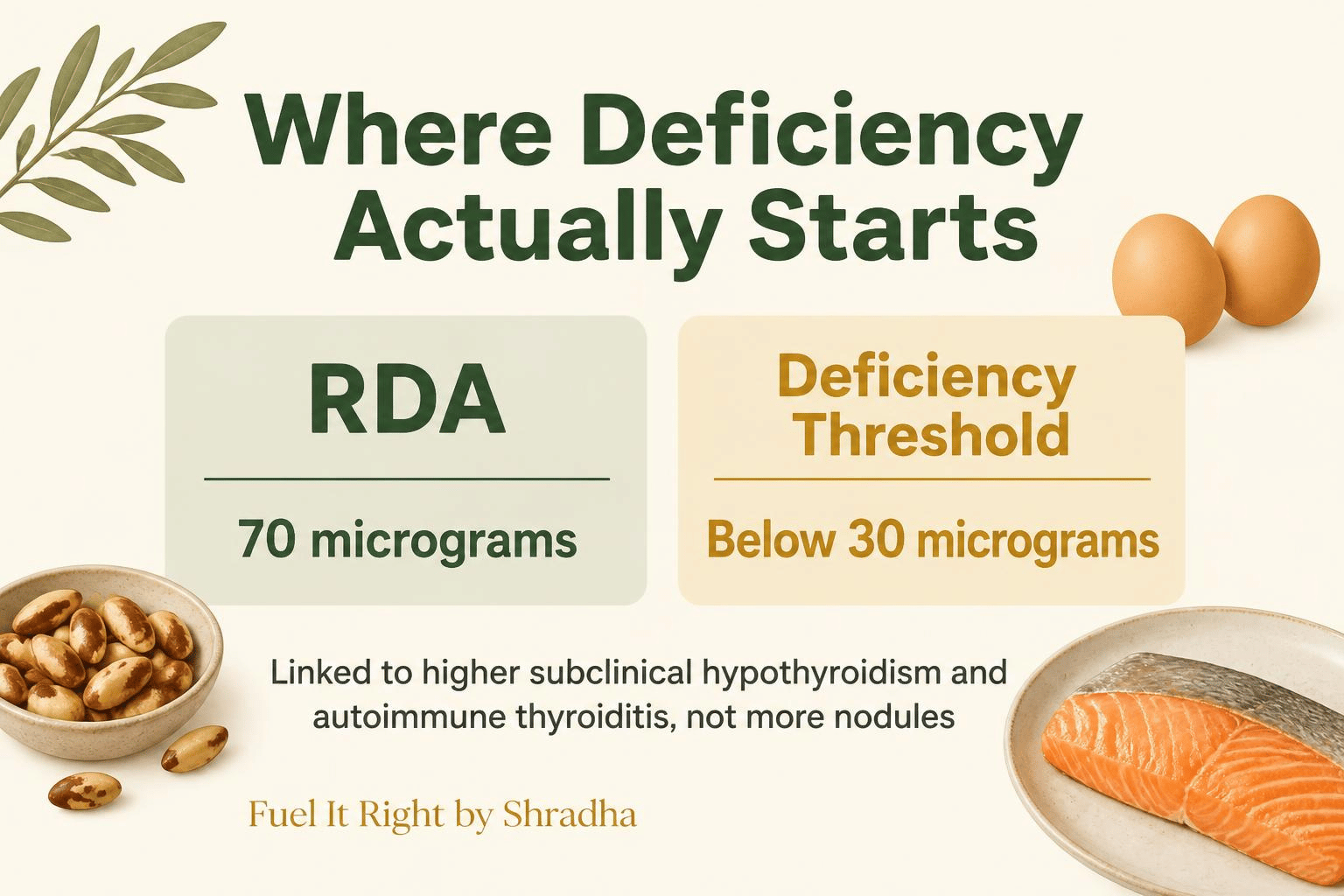 Graphic showing that selenium deficiency becomes clinically evident below 30 micrograms daily, well under the 70 microgram RDA, and that low-selenium regions show higher subclinical hypothyroidism and autoimmune thyroiditis but not more thyroid nodules