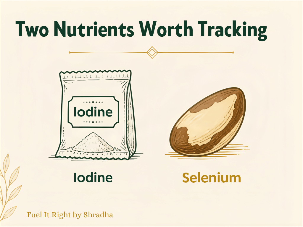 Graphic showing iodine and selenium as the two specific nutrients worth tracking beyond general healthy eating, since both depend on factors ordinary dietary variety doesn't guarantee