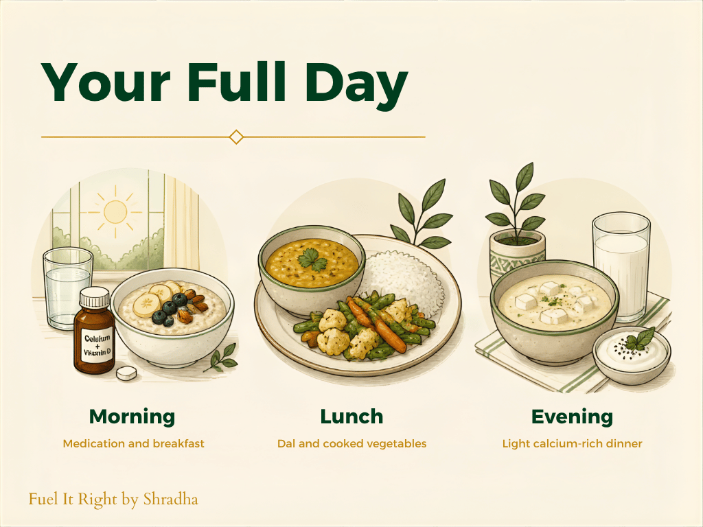 Table showing a realistic thyroid diet chart structure across the day: morning medication and breakfast, lunch with cooked cruciferous vegetables and dal, and a light calcium-rich dinner